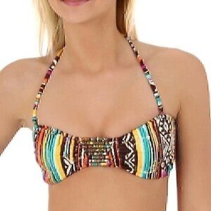 NEW HOBIE Sierra Bandeau Beaded Stripe Swim Bikini Brown Yellow Orange Boho M